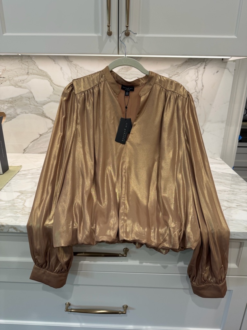 Current Air Shimmery Gold Pleated-Sleeve Blouse